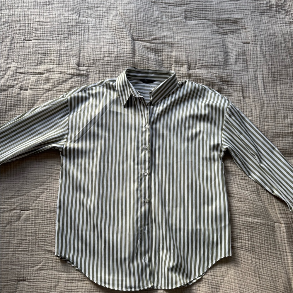 Zara Green and White Striped Button Down Shirt